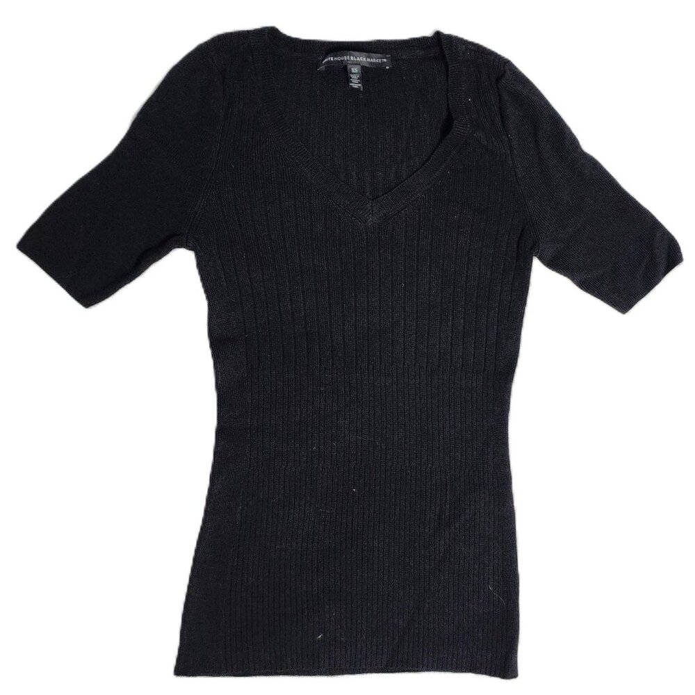 White House Black Market Womens Black V Neck Knit Top Short Sleeve Size XS